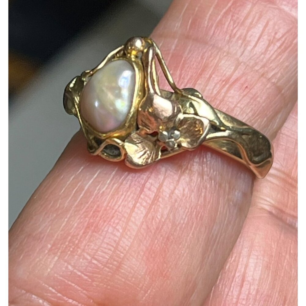 Womans 7.25 14K Tri-Color Gold Ring w/ Freshwater Pearl, Leaf Pattern 5.79g - Picture 3 of 12